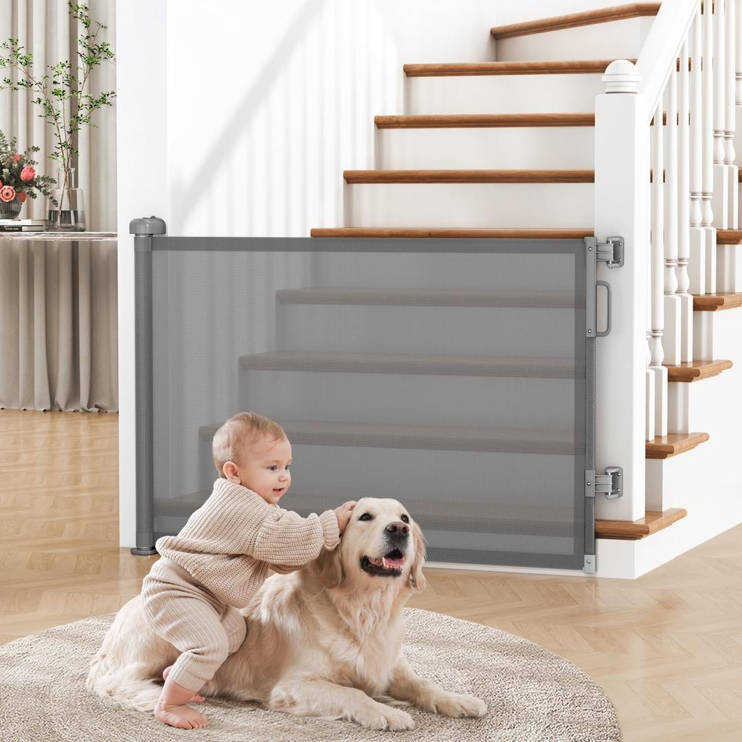 Retractable Baby Gate for Stairs, 55" Wide Mesh Dog Gate Indoor, 34" Tall Child Gate for Doorways, Hallways, Deck, Indoor Outdoor Pet Baby Safety Essentials for Home, Grey (Gray)