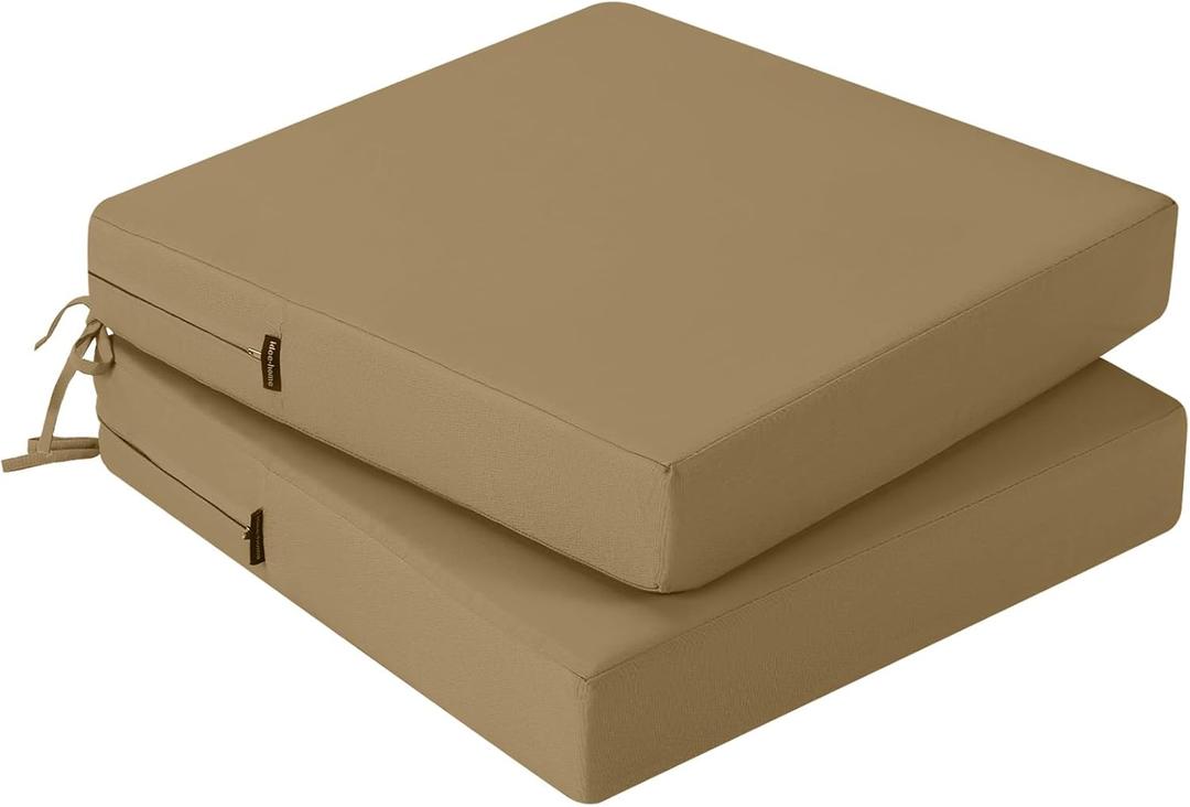 idee-home Outdoor Chair Cushions Set of 2, Waterproof Outdoor Seat Cushions for Patio Furniture, Outside Replacement Chair Pad with Ties for Lawn Deck Porch, 26.5 x 26.5 (Dark Khaki)