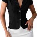 Women's Striped Puff Short Sleeve Blouse Collared Button Down Summer Shirts (Black, M)