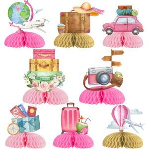8pcs Travel Honeycomb Centerpieces Pink Travel Party Decorations Travel Themed Party Table Decorations Let the Adventure Begin Table Topper for World Map Birthday Baby Shower