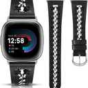 Minyee Leather Band Compatible with Fitbit Versa 4/3/Fitbit Sense 2/1 Bands Women, Dressy Premium Leather Designer Strap with Stainless Steel Metal Chain for Versa 3 4 Sense 2 Smartwatch (Black/Silver)