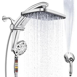 Rain Shower Head with filtered Handheld High Pressure rainfall Shower Heads with Handheld Spray Combo Adjustable one-piece stand daul shower head Built-in Magnetic Docking and Power Jets (Chrome)