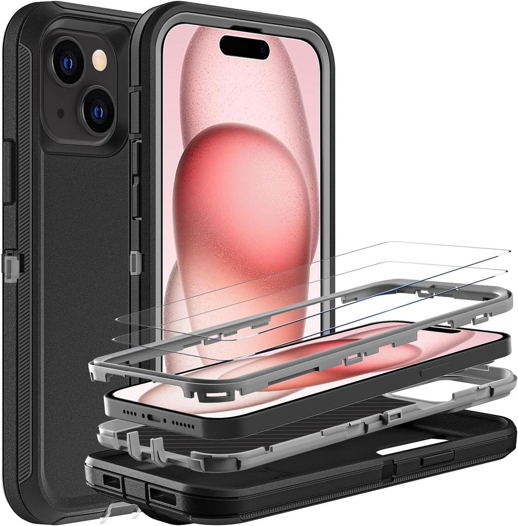 YKHJKLEC for iPhone 15 Case, Military Grade 3 in 1 Heavy Duty Shockproof/Drop Proof/Dust Proof Case with 2Pcs Tempered Glass Screen Protector (Black/Grey)