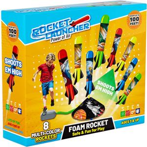 Toys Rocket Launcher for Kids - Launch up to 100 Ft, 8 Multi-Color Foam Rockets & Adjustable Launch Stand, Kids Outdoor Toys, Birthday Toys for Kids Boys Girls Age 3+ Years Old