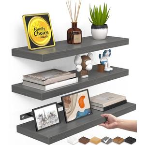 BAYKA Grey Floating Shelves for Wall, Set of 3, Wall Mounted Rustic Wood Shelves for Bathroom, Bedroom, Living Room, Kitchen, Small Hanging Shelf for Books/Storage/Room Decor, 15.7in