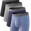 DAVID ARCHY Moisture Wicking Breathable Men's Boxer Briefs Ultra Soft Underwear Fly Pouch Tagless 6.5" Inseam No Roll, 4 Pack (Large, Black+ Navy+ Gray Blue+ Gray)