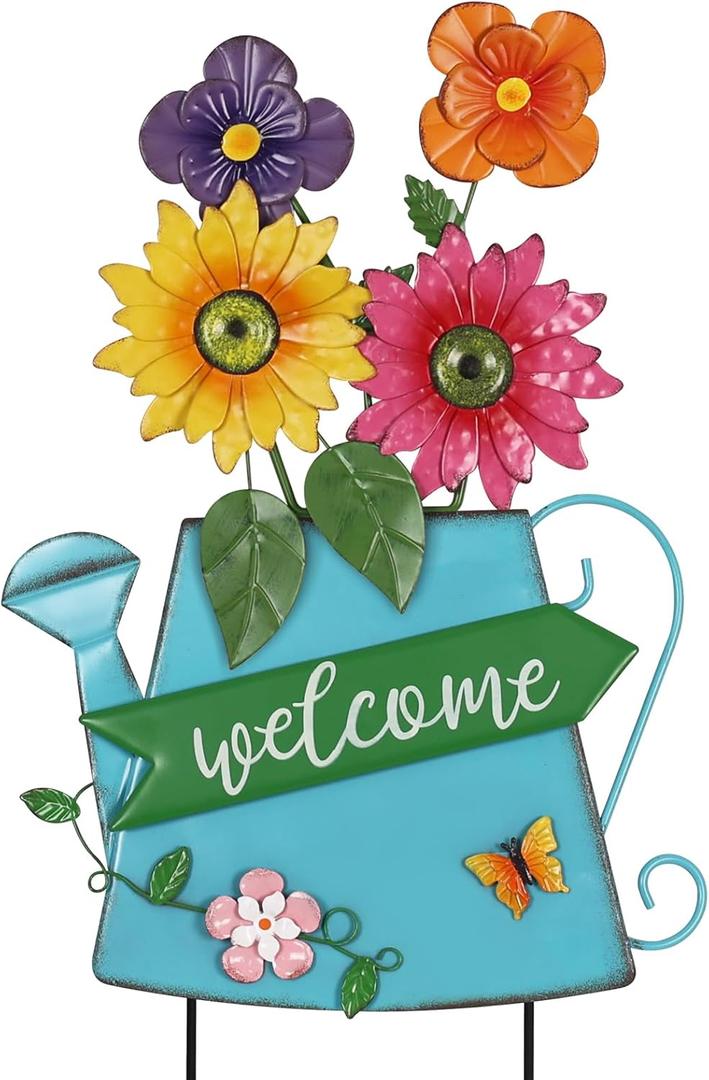 YEAHOME Garden Decor for Outside, 24.4 Decorative Garden Stakes Metal Watering Can with 4 Flowers for Spring Decor, Welcome Yard Signs for Outdoor Lawn Backyard Patio Porch Pathway Decorations