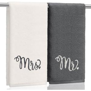 Tingjoo 2 Pcs Mr. and Mrs. Hand Towels 100% Cotton Hubby and Wife Embroidered Bathroom Towel Gift Mr. and Mrs. for Couple, Wedding Anniversary Bathroom Decor 29 x 3inch (Dark Gray, Beige)