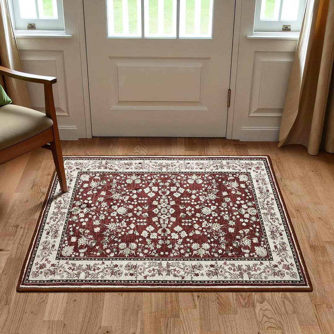 Softlife Washable Area Rug for Entryway, Non-Slip 2x3 Small Rugs for Hallways, Vintage Throw Front Door Mat for Entry, Oriental Modern Print Carpets Rubber Backing, Maroon and Beige
