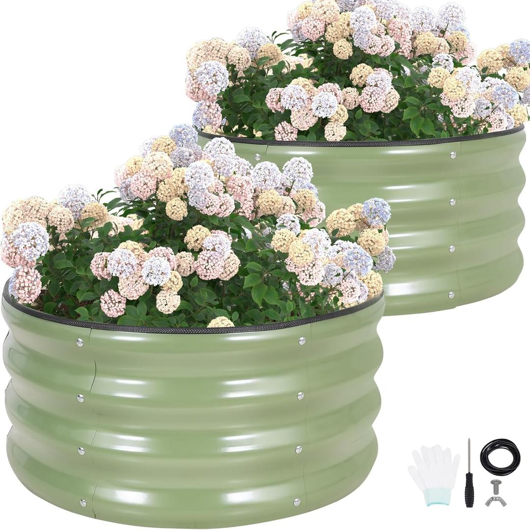 G GOOD GAIN Round Raised Garden Bed - 2Pcs 2x2x1ft Galvanized Steel Planter Boxes Outdoor with Rubber Edge Trim | Metal Raised Beds for Gardening Vegetables Flowers Fruits Herbs (Olive Green)