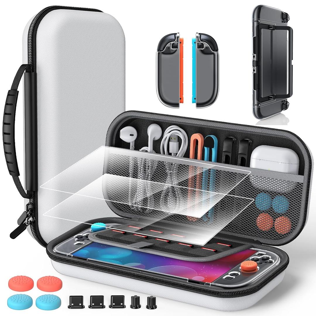 Switch 2 Accessories Bundle for Nintendo Switch 2 2025, Portable Hard Shell Carrying Case with 2 HD Screen Protectors (7.9 Inch), Crystals Protective Skin, Dust Plugs Kit, 4 Thumb Grips (White Switch 2)