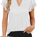 Women's Summer Puff Short Sleeve V Neck Dressy Blouses Shirts Double Layers Casual Loose Fit Mesh Flowy Tunic Tops (White, XXL)