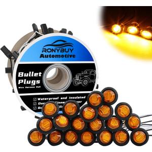 20 Pcs 3/4" Amber LED Marker Lights with Connector Plug + Double Female 2 Prong Wire Harness Roll, Clearance Lights LED Side Marker Lights for Truck Trailer RV Pickup Semi-Trucks Plug and Play