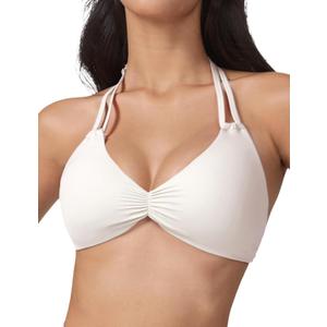 AJISAI Womens Halter Bikini Top Triangle V Neck Bathing Suit Top Low Impact Padded Sports Bra (Beige, M)