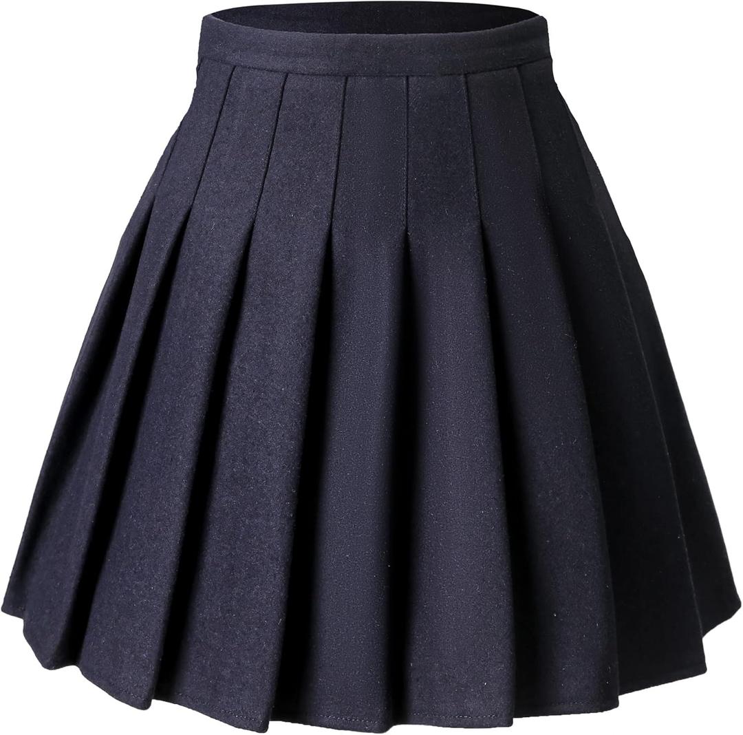 Hoerev Women Girls Thick Wool Fabric for Cold Weather Versatile Plaid Pleated Skirt with Shorts (0, Pure_navy)