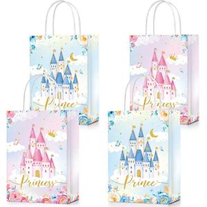 16 Pcs Princess & Prince Castle Party Bags with Handles - Candy & Treat Goodie Bags for Gender Reveal, Baby Shower & Wedding