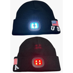 LED Beanie Hat with Rechargeable Headlight & Rear Red Light, 3 Modes, USB Charging, Warm Winter Cap with USA Logo, Black