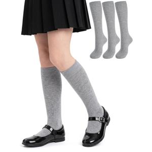 Airpal 3 Pairs Kids Girls Knee High Socks Cotton Uniform School Dress Socks Seamless Toe (Black,Grey,Navy, 9-11)