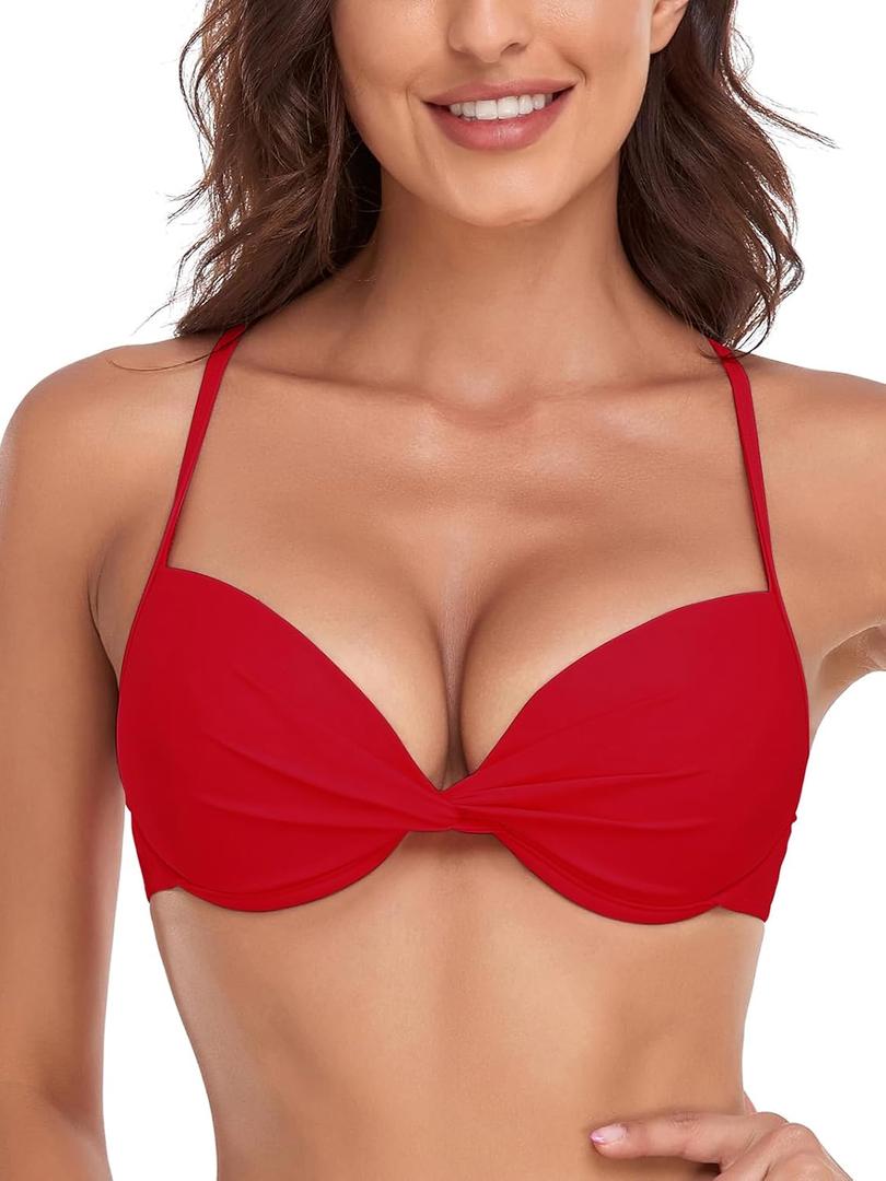 RELLECIGA Women's Underwire Bikini Top Twist Front Push Up Swim Top Mold Cup Swimwear Top (Red, S)