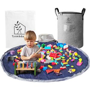 Portable Toy Storage Basket & Play Mat with Pocket Label - 9.3 Gallon Toy Organizer - Leather Handles, 60" Playmat - Toy Bag for Boys & Girls, Playroom, Grey