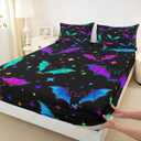 Erosebridal Halloween Bat Bedding Set King Size Glitter Stars Galaxy Bed Sheet Set for Kids Child, Cartoon Gothic Bats Fitted Sheet Halloween Decorations Teal Blue Green Purple (Multi 10)