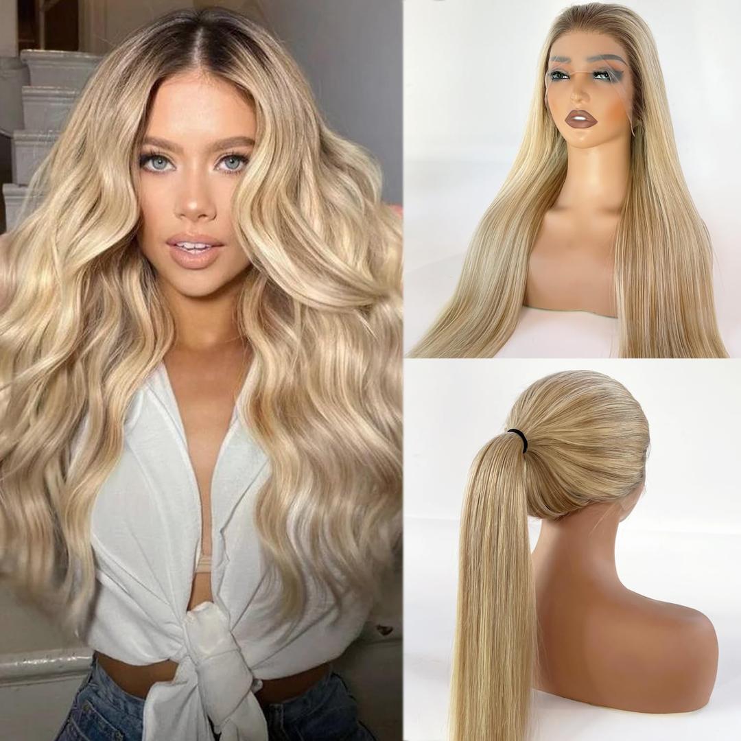 Blonde Highlight Lace Front Wig Human Hair, Pre Plucked Straight 13x6 Lace Frontal Wig for White Women Balayage Chocolate Brown to Golden Blond with Medium Blonde Highlights Human Hair Wig 18 Inch