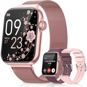 Smart Watches for Women,Fitness Tracker Smartwatch for Android Phones/iPhone Compatible,1.85" Womens Watch with Blood Pressure Monitor,Calls and Messages/Heart Rate/Sleep/Female Cycle(3 Watch Bands) (Pink)