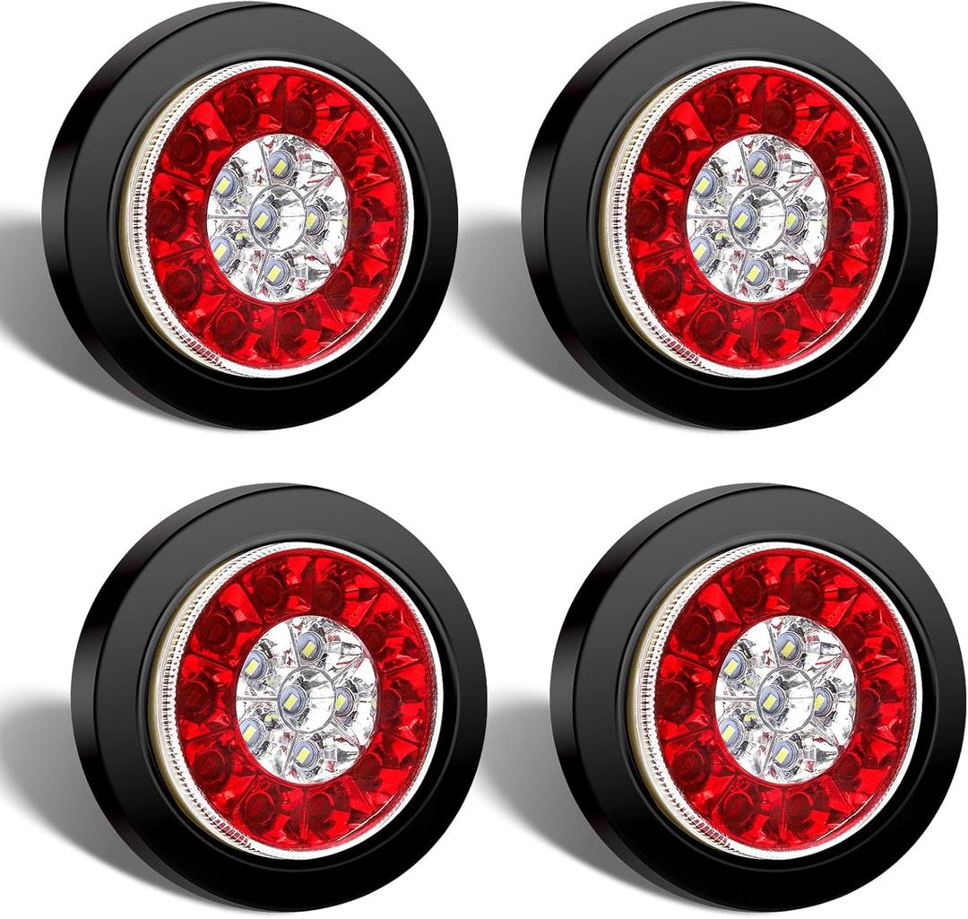 LED Trailer Light Kit - Round 16LED Tail Lights With Rubber Ring, Stop Brake Running Reverse Lamps for Trucks (4pcs, Red and White)