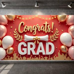 Congrats Grad Banner with 20 Ft Ribbon 71x43 Inch Red Gold Balloon Vivid Fabric Graduation Backdrop Party Decorations Photo Booth Background for High School College Boys Girls