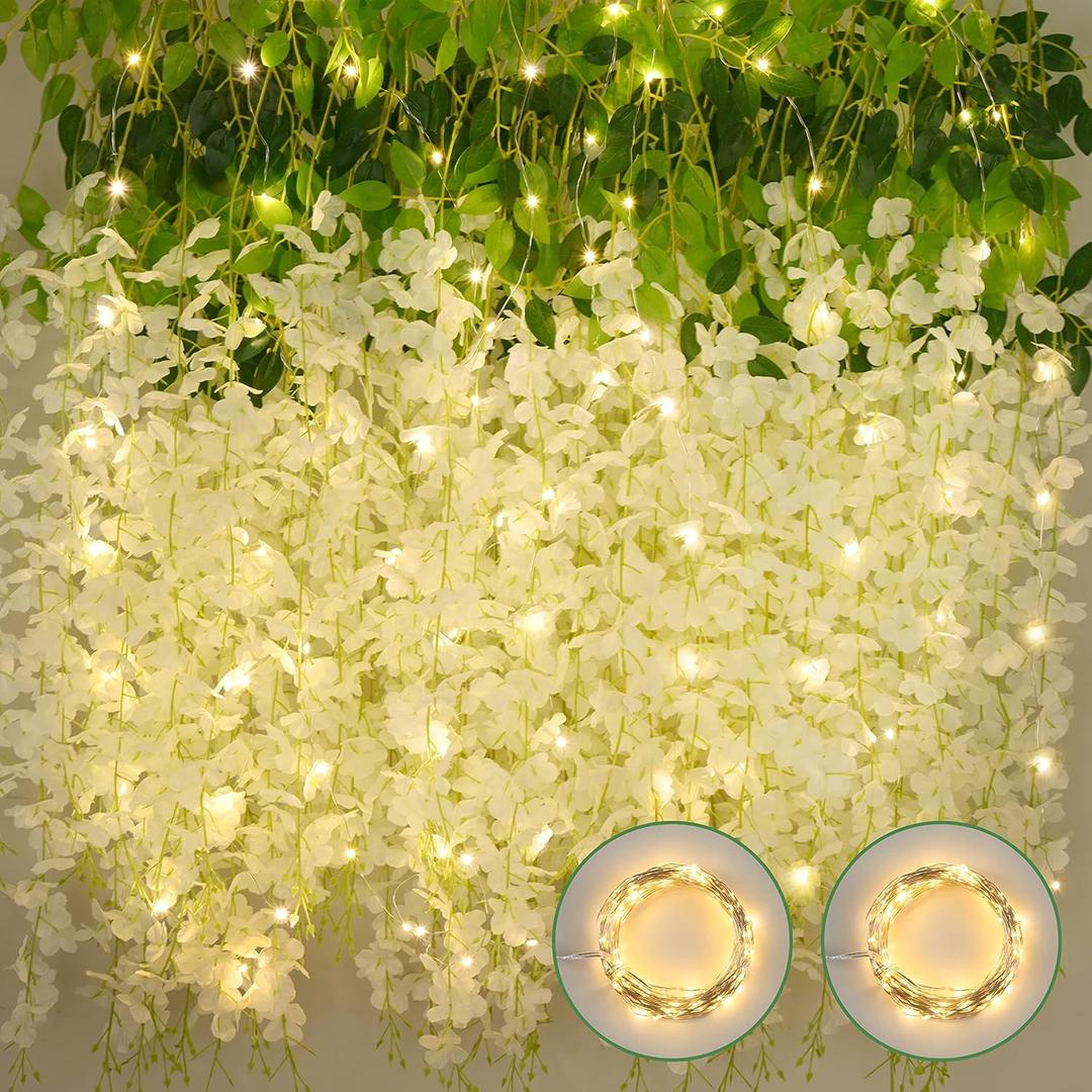 BLEUM CADE 24Pcs White Fake Wisteria Hanging Flowers with Lights, 3.6Ft/Pcs Artificial Wisteria Garland, Hanging Flowers for Wedding Party Home Backdrop Wall Decoration