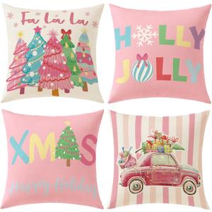 Pink Christmas Decorations Pillow Covers 18x18 Set of 4 Christmas Throw Pillow Covers, Holly Jolly FA La La Xmas Winter Holiday Linen Cushion Case for Home Sofa Couch Bed Chair Decor