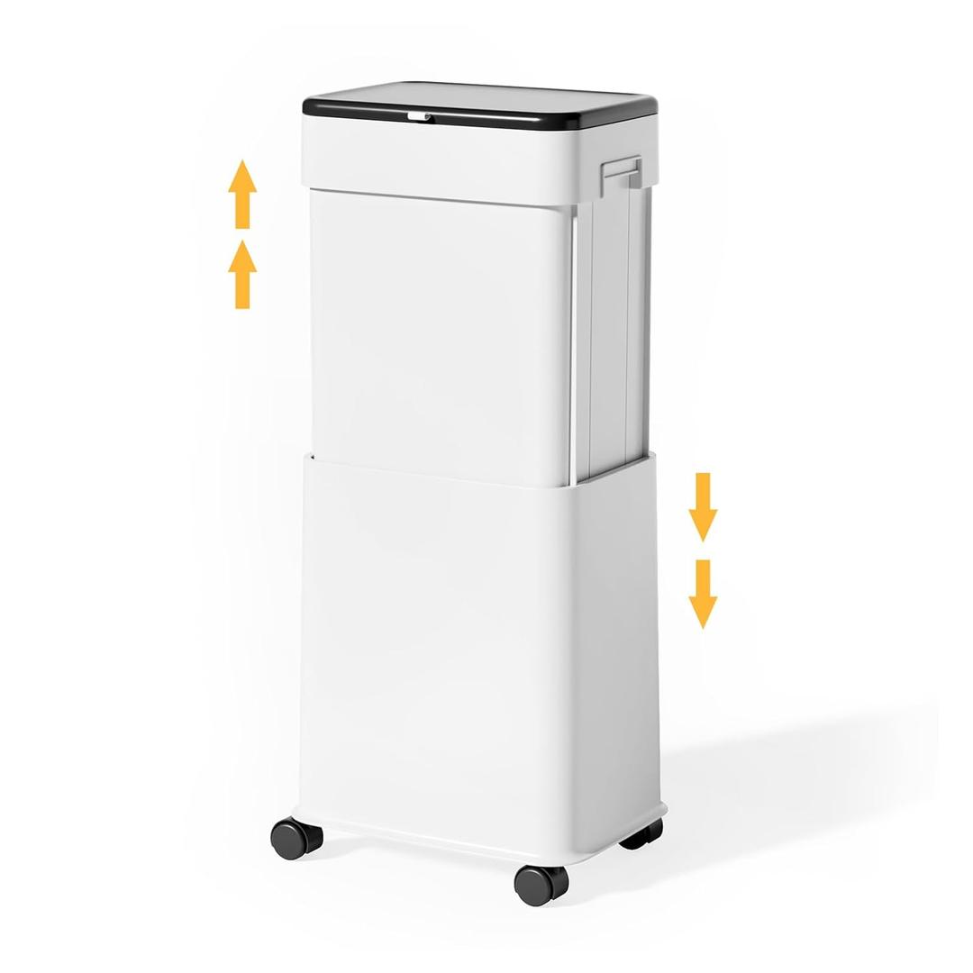 Trash Can with Lid, 20L/5.3Gal Adjustable Height Kitchen Garbage Can, Trash Can on Wheels with Brakes, Plastic Tall and Slim Trash Bin for for Kitchen/Bathroom/Bedroom/Office, White