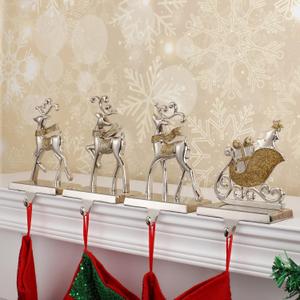 Set of 4 Deer Christmas Stocking Hangers for Mantel Xmas Stocking Hooks for Fireplace Mantle,Metal Free Standing Indoor Sleigh Stocking Holder for Christmas Decorations (Reindeer and Sleigh Set)