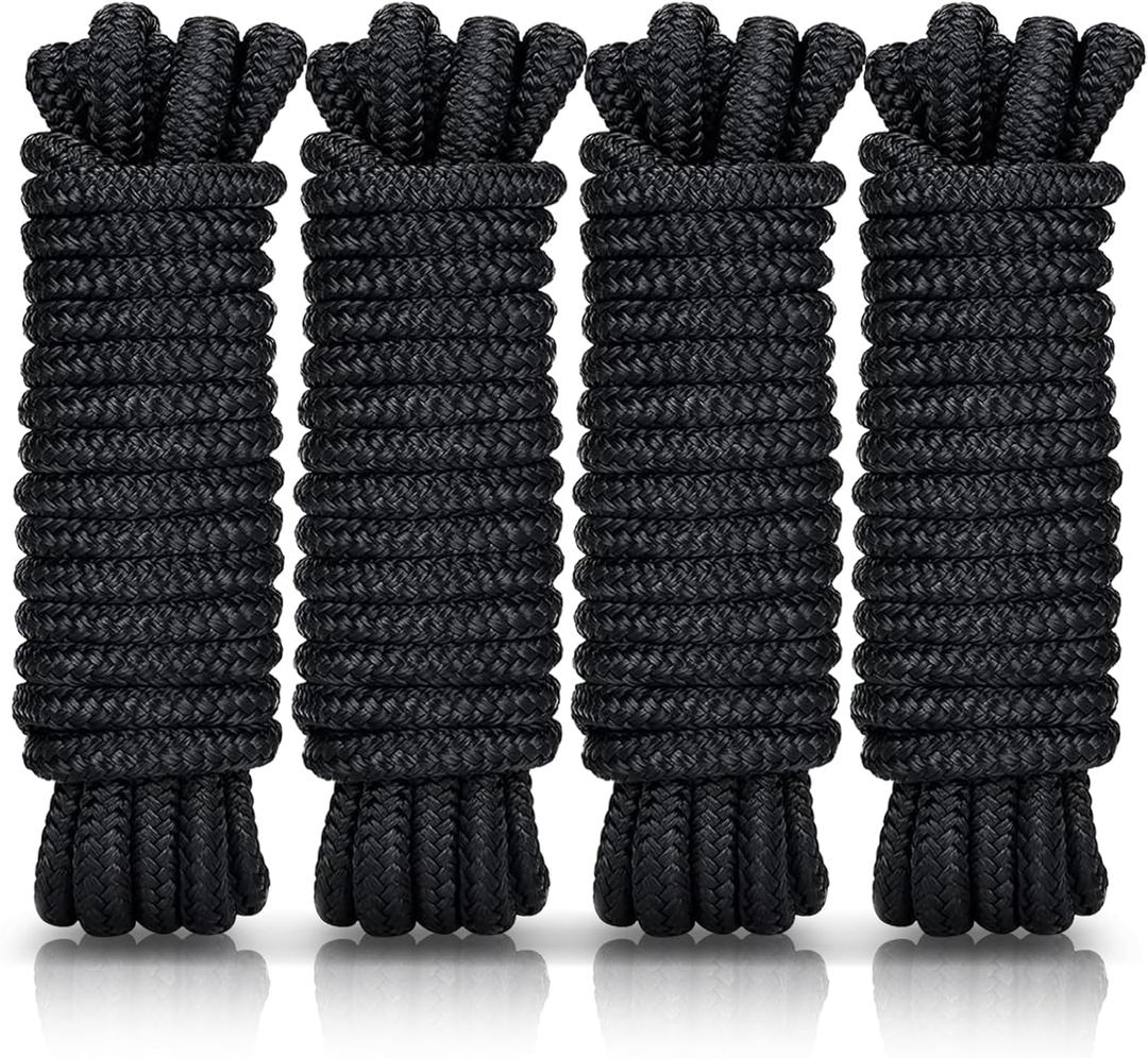 Kohree 3/8" x 25' Boat Dock Lines, Pre-Spliped 12" Eyelet Fender Lines, Heavy-Duty Double Braided Nylon Marine Ropes for Mooring, Docking Yacht Pontoon Accessories, 4 Pack, Black