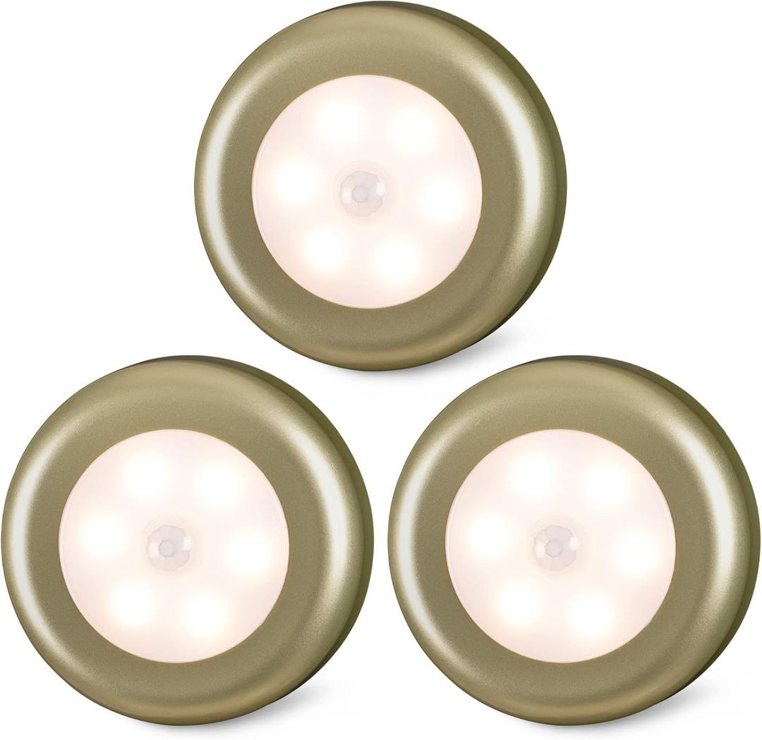 STAR-SPANGLED 3 Pack 2.8 Motion Sensor Lights Indoor AAA Battery Operated, Stick on LED Puck Light for Stairs, Under Cabinet, Closet (Golden, Warm White)