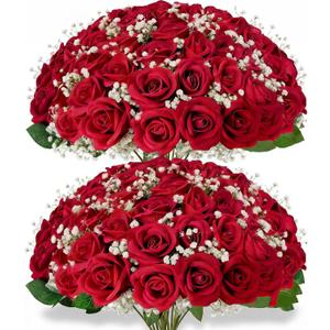 50 PCS Velvet Artificial Rose Bouquet with Baby's Breath, 20 Inch Realistic Fake Flowers, Perfect for Wedding Bridal Bouquets, Home Decor, Table Centerpieces & Photo Shoots，Red