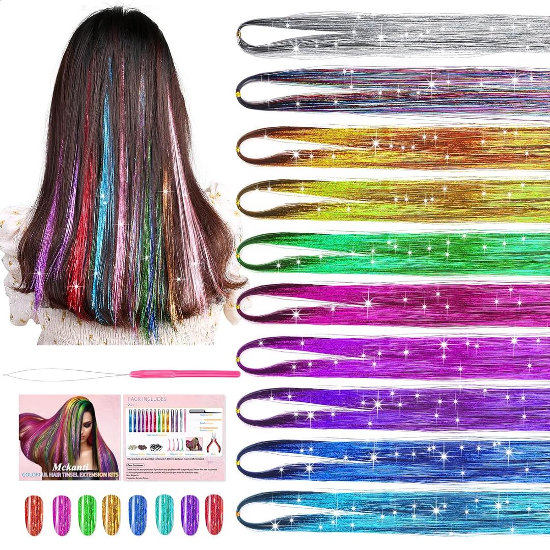 Mckanti 10 Colors Hair Tinsel Kit with Tool, 47 inch 2000 Strands Tinsel Hair Extensions for Women Girls, Fairy Hair Tinsel Glitter Sparkling Shiny Colorful Synthetic Hair for Party Daily Life Fashion