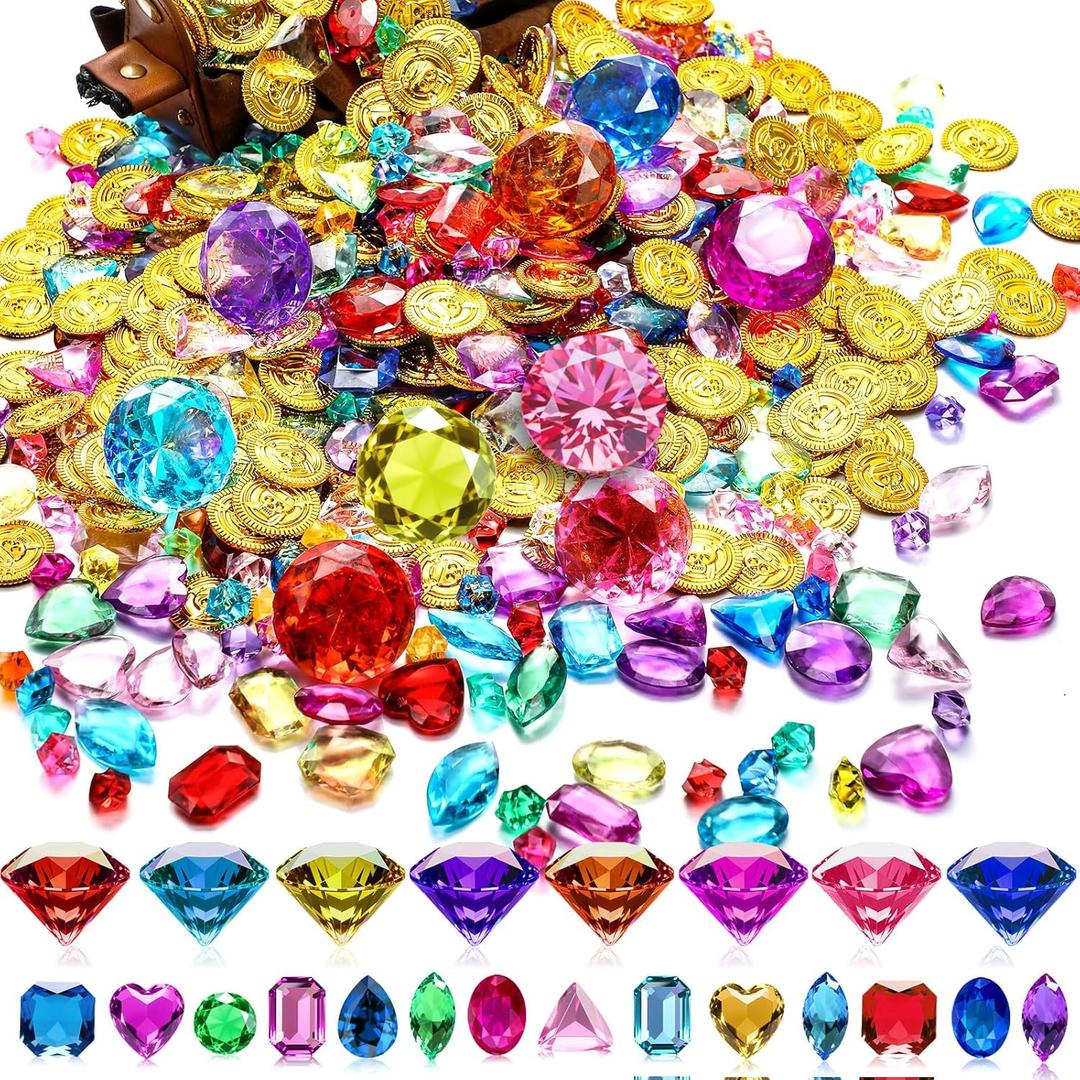 Gejoy 868 Pieces Halloween Pirate Party Favors Pirate Treasure Jewels and Gold Fake Coins Play Set with Drawstring Bag for Halloween Adventure Themed Party Decorations