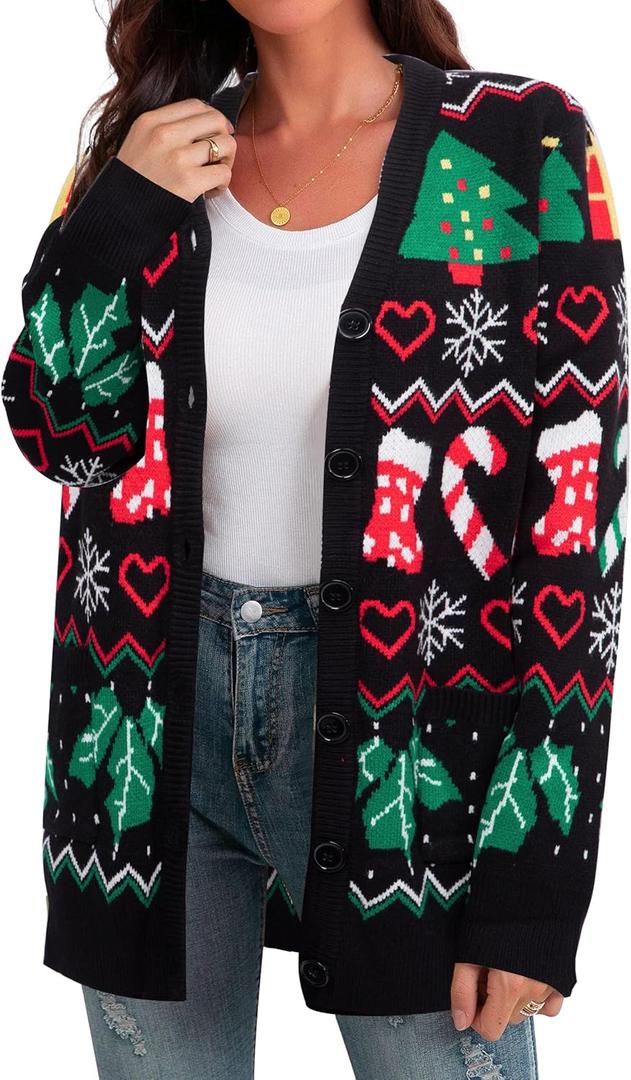 Ugly Christmas Sweater for Women Christmas Cardigans Funny Xmas Open Front Button Down Knit Coat Outwear (Large)