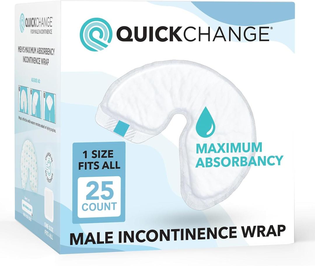 QuickChange Mens Overnight Adult Incontinence Wrap (Pad), Maximum Absorbency, Holds 17oz Dry to The Touch, Disposable, Fragrance Free, One Size Fits All, Catheter Replacement, 25 Count (25)