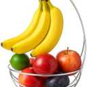 Chrome Fruit Bowl with Banana Holder – 14" Countertop Wire Basket with Banana Hook, Modern Fruit Basket with Banana Tree Hanger for Kitchen Table or Island Storage