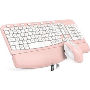 SABLUTE Wireless Keyboard and Mouse Combo, Ergonomic Wave Keys, Cushioned Plam Rest, Comfortable Silent Natural Typing, 2.4G Lag-Free, MA12 Full Size Keyboards Set for Multi-OS, Windows/Mac, Pink