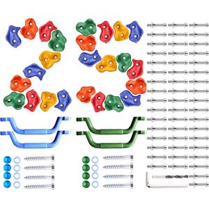 25 Pcs Colourful Pig Nose Shape Rock Climbing Holds with Blue & Green Auxiliary Handles, Indoor Outdoor Playground Wooden Play Set Build Exercise Toy Accessory - Mounting Hardware Kit Included