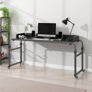 LingMi Overbed Table with Wheels - Adjustable Height Bed Desk for Laptops, Queen & King Size, Heavy Duty Metal Leg (Black)