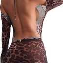 Cocoinsity Womens Party Dress Bodycon Long Sleeve Leopard Sheer Backless Mini Clubwear Dresses, Medium