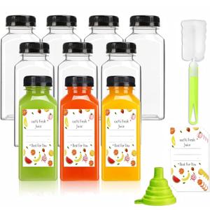 Plastic Juice Bottles with Caps 10pcs 12oz, Reusable Juice Containers with Black Tamper-Evident Lids, Clear Bottles for Juicing, Milk, Smoothie Bottle, Drinking with 10 Labels, Brush and Funnel