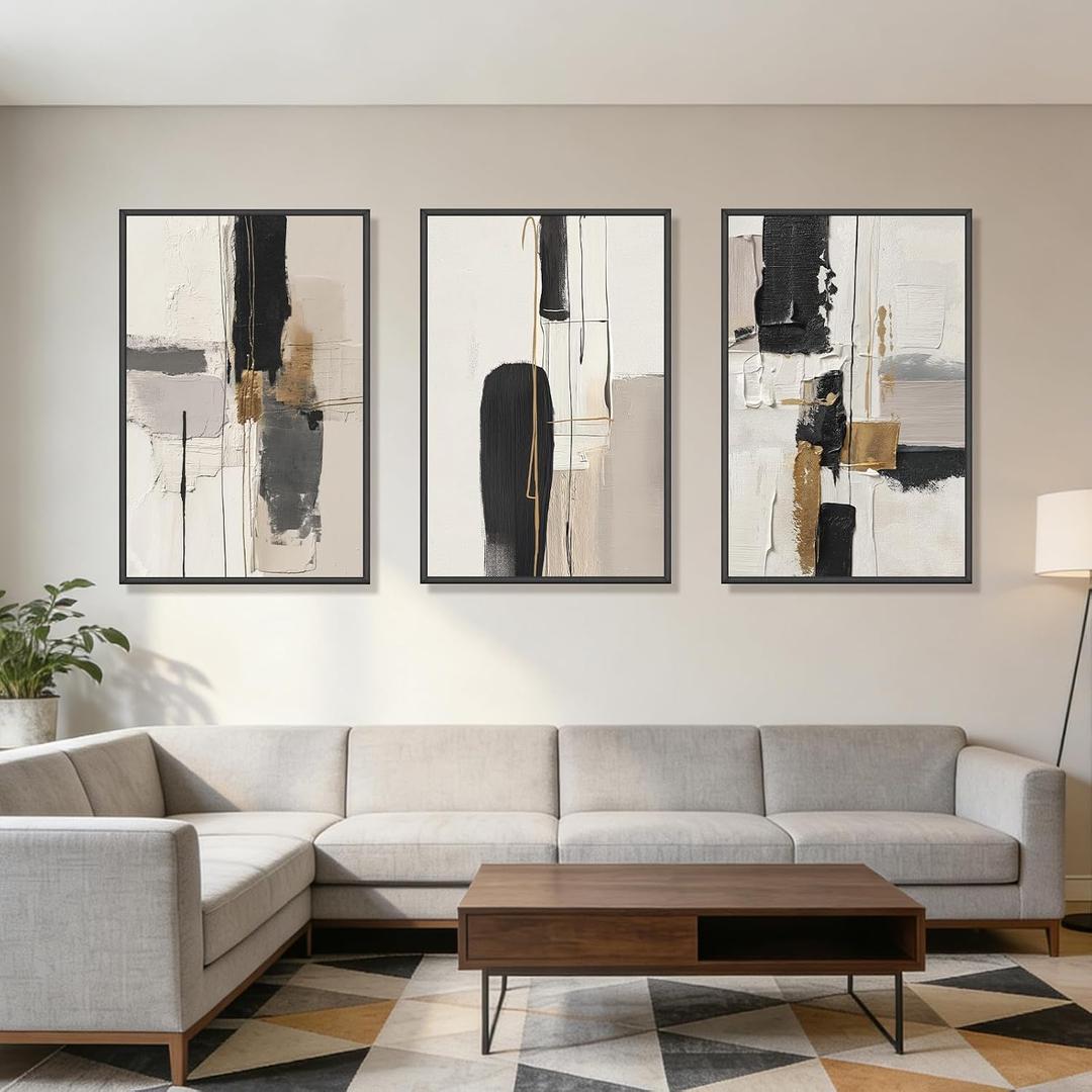 Large Neutral Abstract Wall Art Set of 3 Framed Canvas Prints, 24x36 Inch Modern Beige Black Abstract Paintings with Gold Accents, Minimalist Wall Decor for Living Room Bedroom Dining Room, Metal Frame Ready to Hang