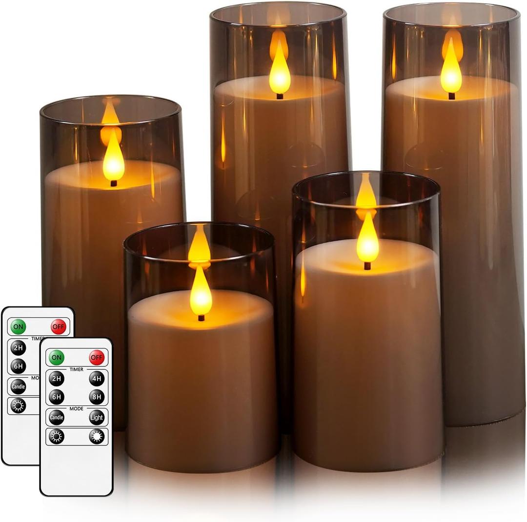 Fo32won Grey LED Flameless Pillar Candles Battery Operated with Remote Timer, 5 Pack 3D Flickering Acrylic Candles for Home Living Room Bedroom Fireplace Wedding Party Holiday Decor & Gift