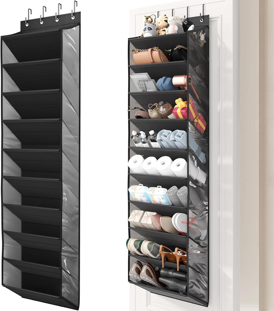 20-25 Pairs Over the Door Shoe Organizer, Clear Pockets Shoe Rack for Closet Door, 10-Tier Hanging Shoe Rack for Boots, Behind the Door Shoe Holder Fit All the Family's Sneakers, Boots, Heels, Black