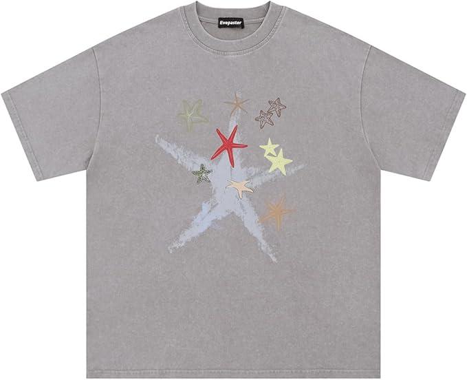 Oversize Star Print Tees Vintage Washed Graphic T Shirts Short Sleeve Y2K 90S Summer Unisex Streetwear Tops, M